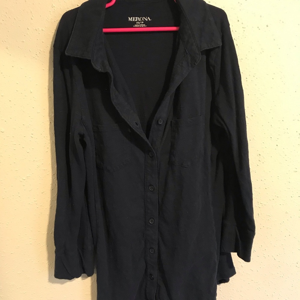 Navy blue button-up top.